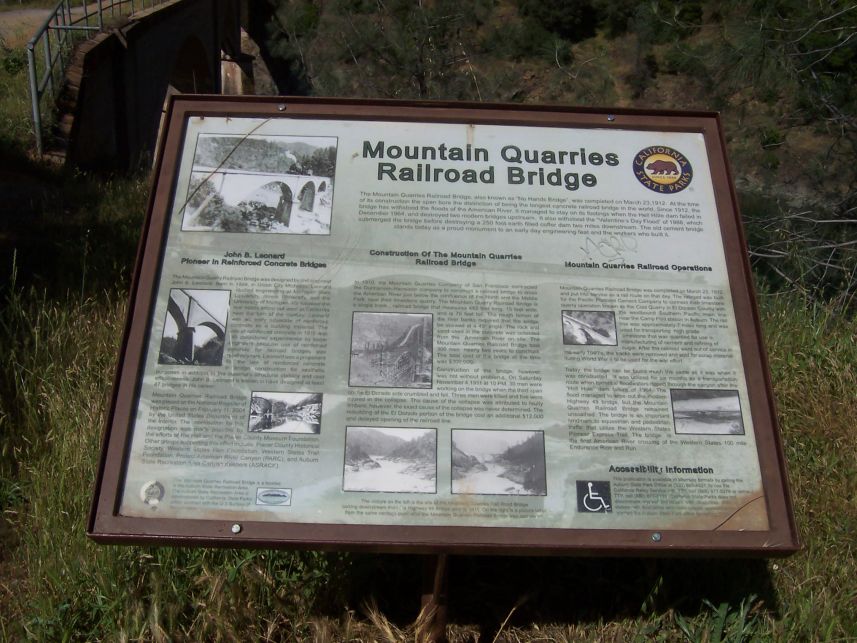 Mountain Quarries Railroad Bridge sign
The railroad bridge was completed in 1912 and connected the Cool Quarry in El Dorado Country to the Southern Pacific main line in Auburn.
Keywords: Mountain Quarries Railroad Bridge No Hands Bridge Auburn SRA