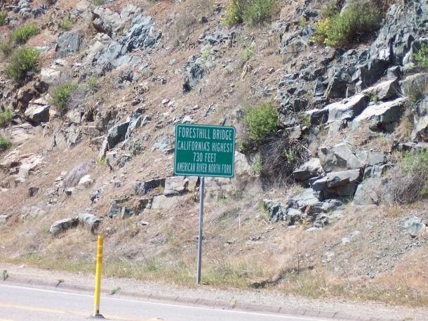 Foresthill Bridge Sign
The sign reads "FORESTHILL BRIDGE CALIFORNIA'S HIGHEST 730 FEET AMERICAN RIVER NORTH FORK."
Keywords: Foresthill Bridge sign Auburn SRA