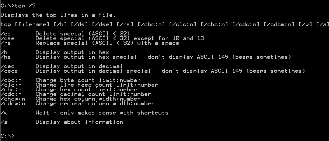 command prompt window showing options